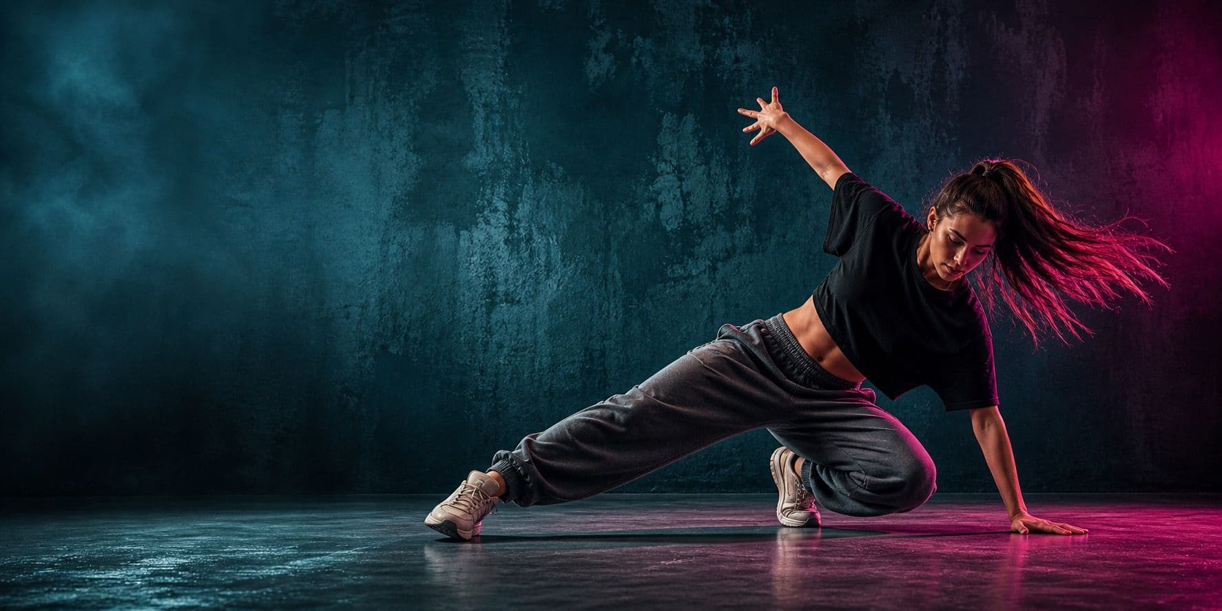Dancer performing in a dark studio
